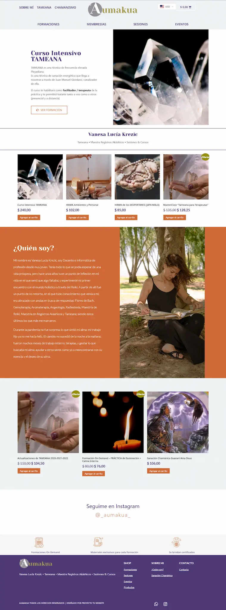 Captura de la página de Aumakua Terapias, tienda y plataforma de formaciones holísticas
